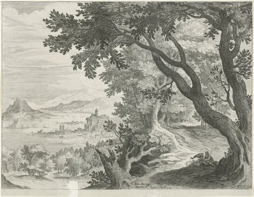 Landschap met twee figuren onder een boom by Unknown, print, 1580-1629