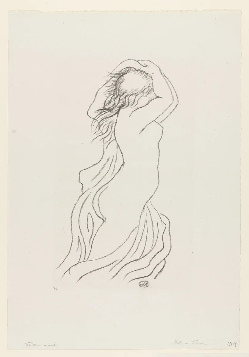 Nude Woman in the Wind (Femme nue de profil, bras releves au-dessus de la tete) by Aristide Maillol, print, 1924