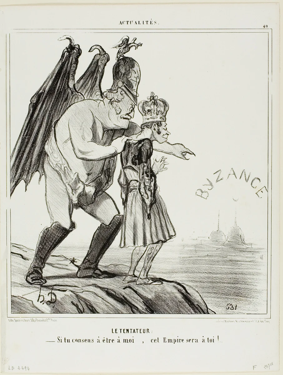 The Temptor. “- If you consent to belong to me... this empire will be yours,” plate 40 from Actualités by Honoré-Victorin Daumier, print, 1854