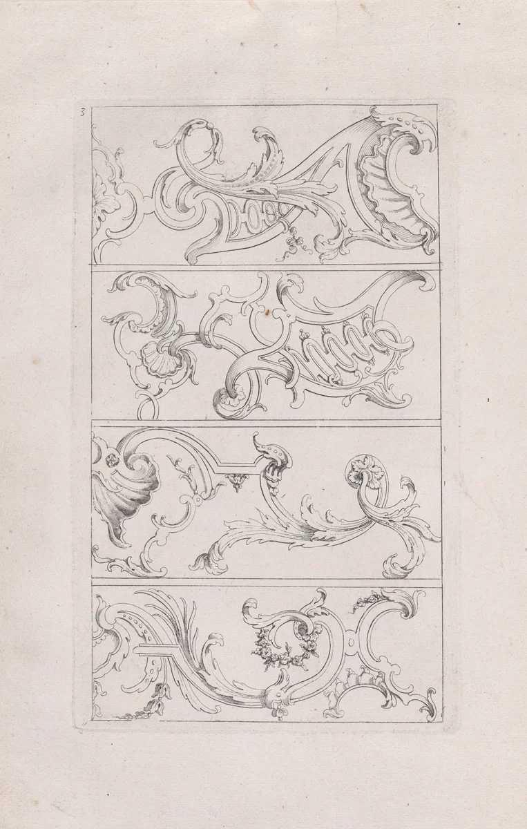Plate 3, from "Livre Nouveau de Prinsipes D'Ornemens, tres facil. Pour apprendre a Dessigner" by Nicolas Guérard, print, 1710-1720