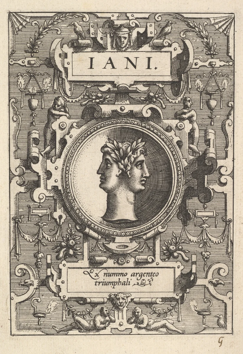 Bust of Janus surrounded by strapwork, from "Deorum dearumque" by Gerard van Groeningen, print, 1573
