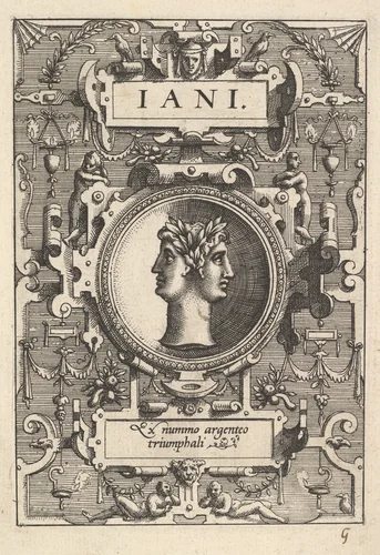 Bust of Janus surrounded by strapwork, from "Deorum dearumque" by Gerard van Groeningen, print, 1573