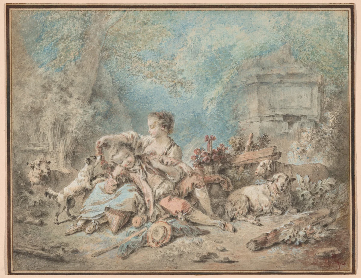 A Shepherd and a Shepherdess Resting by Jean-Baptiste Hüet, drawing, 1745-1799