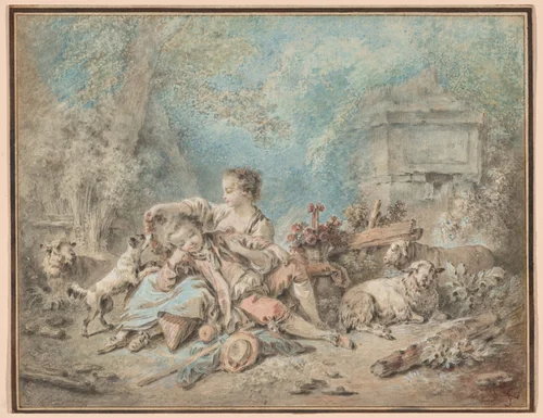 A Shepherd and a Shepherdess Resting by Jean-Baptiste Hüet, drawing, 1745-1799