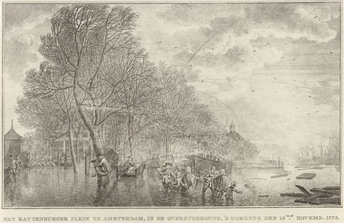 Watersnood op het Kattenburgerplein te Amsterdam, 1775 by Noach van der Meer, print, 1776