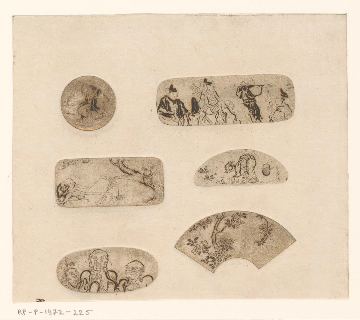 Zes Japanse motieven, mogelijk waaiers by Henri Charles Guérard, print, 1856-1897