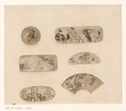 Zes Japanse motieven, mogelijk waaiers by Henri Charles Guérard, print, 1856-1897