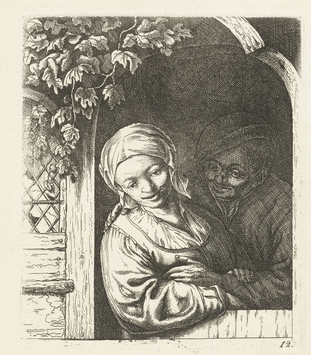 Boer en boerin als liefdespaar in deuropening by anonymous, print, 1650-1745