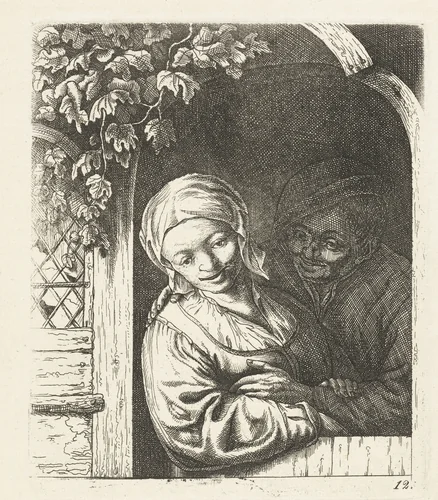 Boer en boerin als liefdespaar in deuropening by anonymous, print, 1650-1745