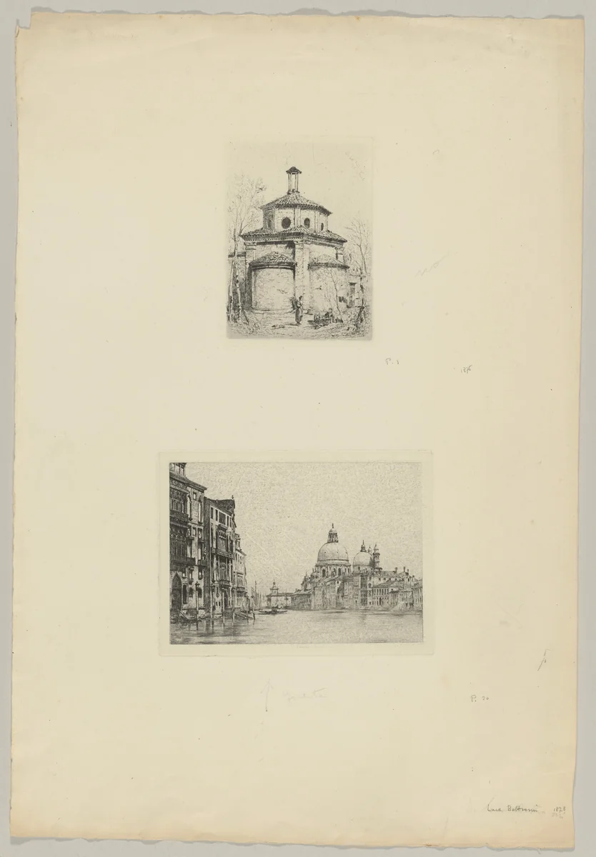 Two Peasant Women Before a Small Baptistry (above); Venice, Grand Canal (beow) by Luca Beltrami, print, 1872-1882