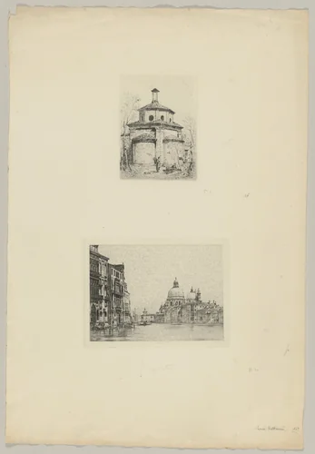 Two Peasant Women Before a Small Baptistry (above); Venice, Grand Canal (beow) by Luca Beltrami, print, 1872-1882