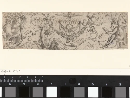 Ornament met Bacchus en een knielende vrouw by Unknown, print, 1550