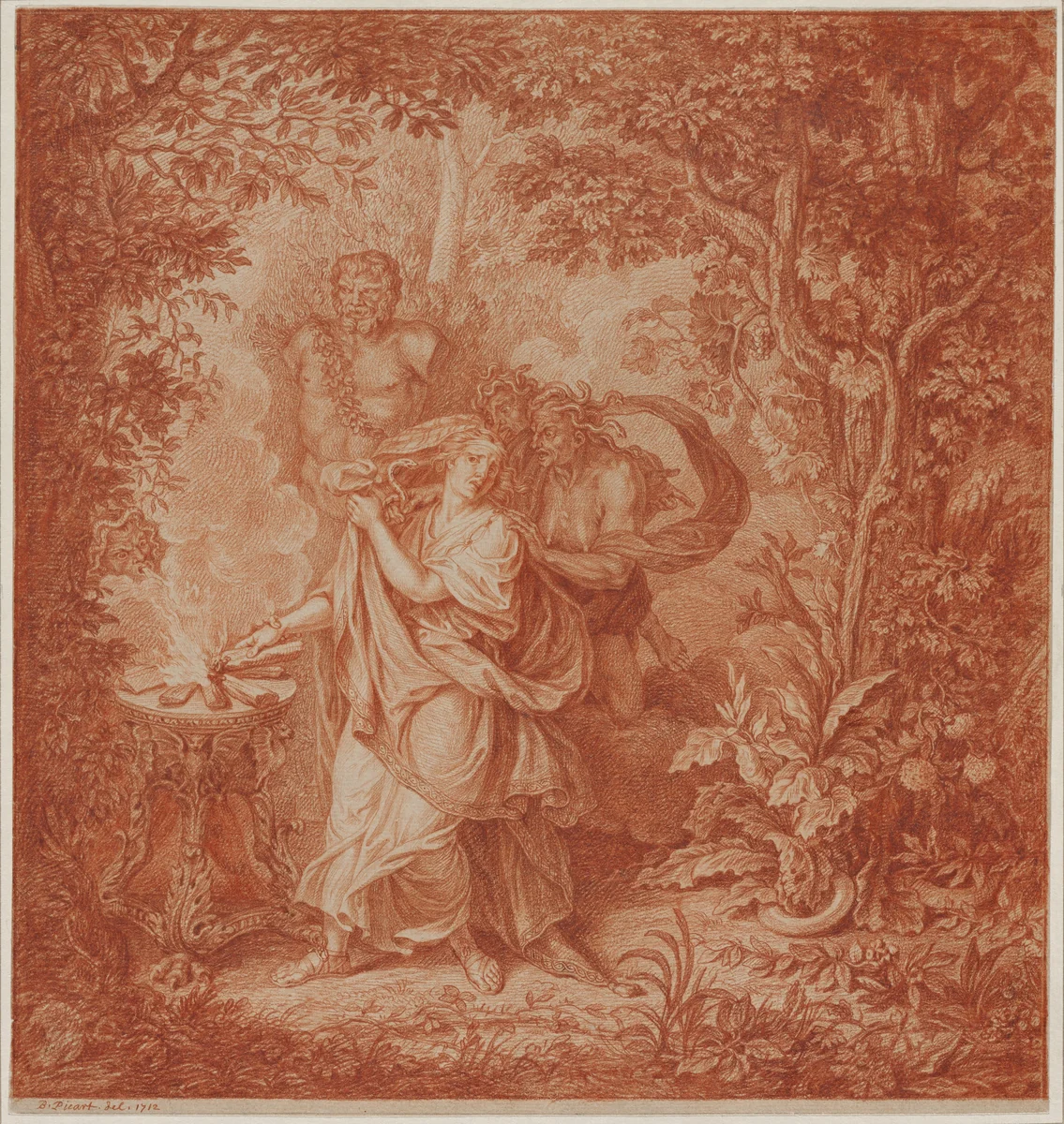 Althaea Putting the Fatal Log on the Fire by Bernard Picart, drawing, 1712