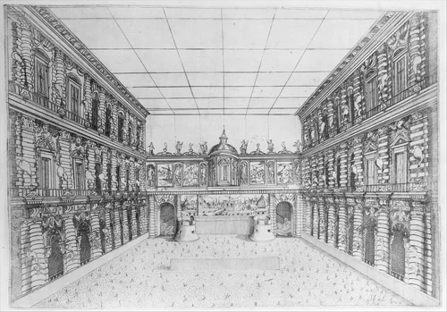 Court of Palazzo Pitti decorated with Candelabra, from an Album with Plates Documenting the Festivities of the 1589 Wedding of Ferdinand I and Christine of Lorraine by Orazio Scarabelli, print, 1589-1592