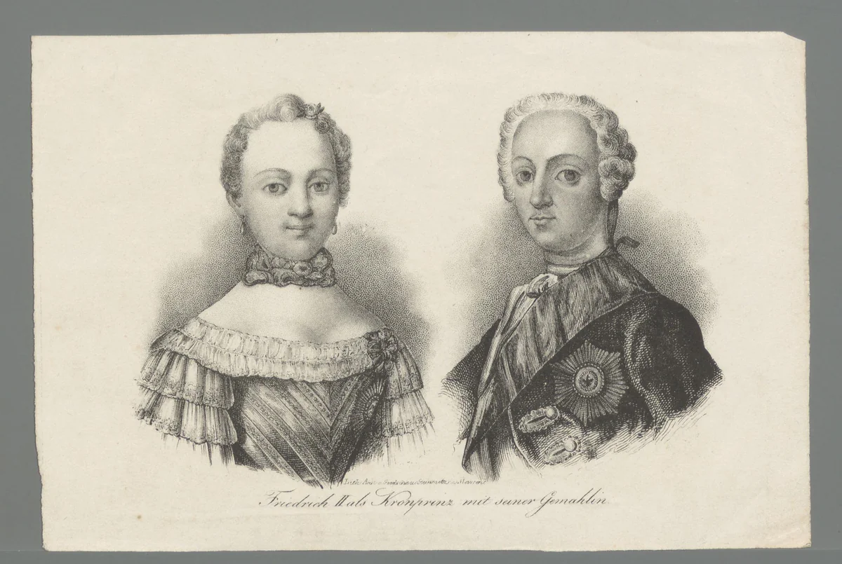 Portret van Frederik de Grote en zijn gemalin Elisabeth Christine van Brunswijk-Bevern by anonymous, print, 1840