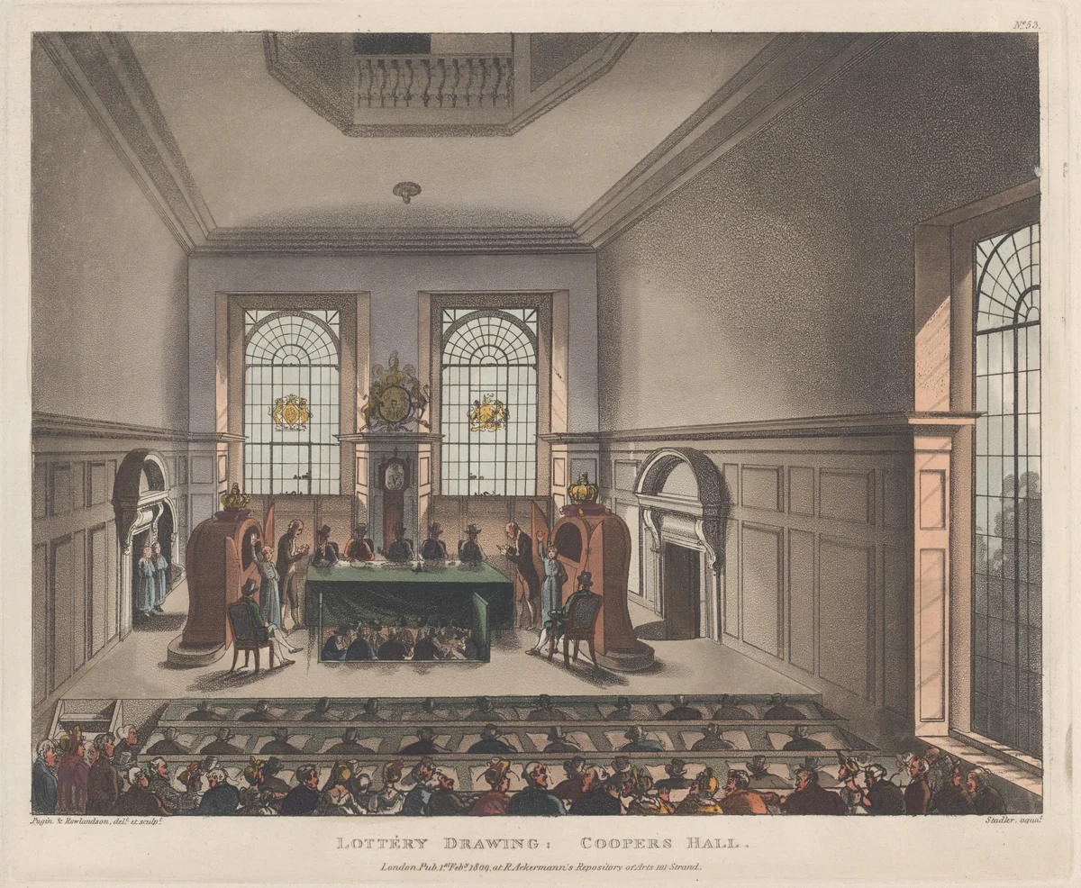 Lottery Drawing, Coopers Hall by Thomas Rowlandson, print, 1809