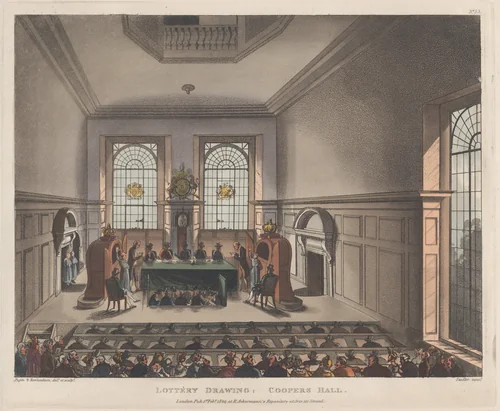 Lottery Drawing, Coopers Hall by Thomas Rowlandson, print, 1809