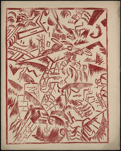 Bitva v trekh sferakh (na sush, na mor i v vozdukh) (Battle in Three Spheres [Land, Sea, and Air]) from Voina (War) by Olga Rozanova, illustrated book, 1915