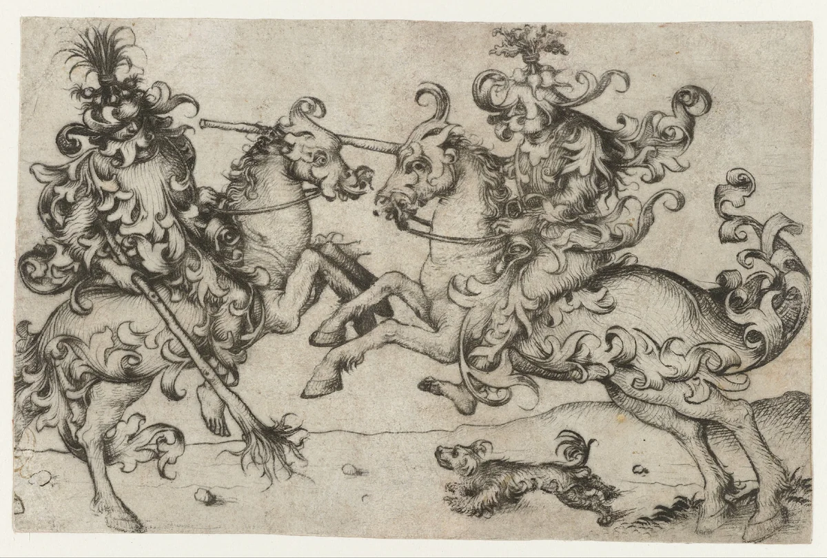 Gevecht tussen twee wildemannen te paard by Meester van het Amsterdamse Kabinet, print, 1475-1480