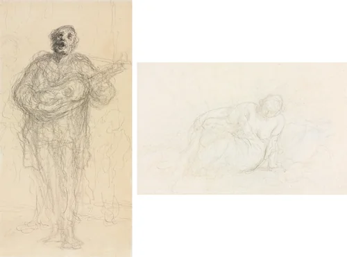 Singing Guitarist (recto); Reclining Woman Leaning on Her Arm (verso) by Honoré Daumier, drawing, 1855-1860