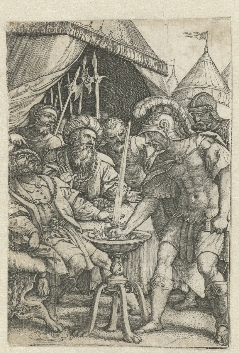 Mucius Scaevola steekt rechterhand in het vuur by Unknown, print, 1535
