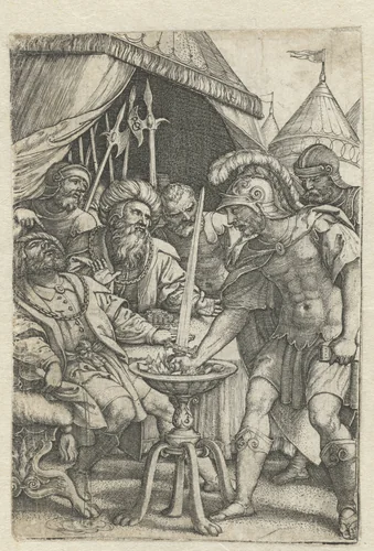 Mucius Scaevola steekt rechterhand in het vuur by Unknown, print, 1535