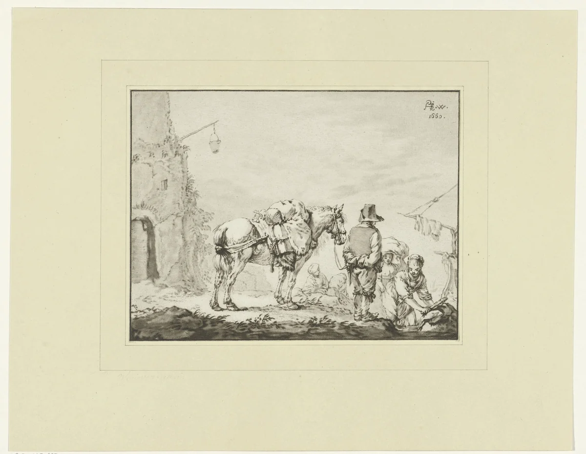 Man met een paard aan de teugel by Johannes Körnlein, print, 1765-1772