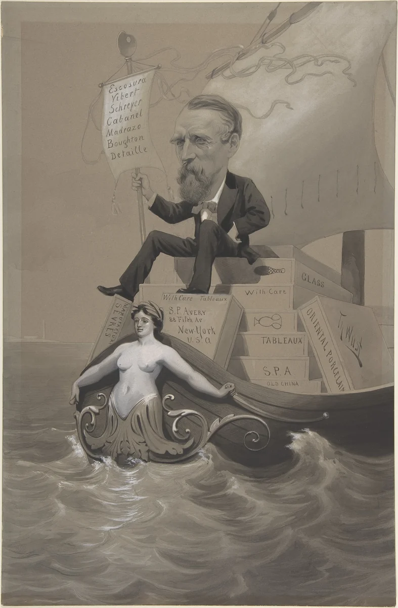 Samuel P. Avery Transporting His Treasures Across the Sea by Theodore Wust, drawing, 1870-1880