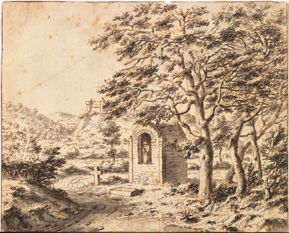 A Roadside Shrine and Cross by Valentijn Klotz, drawing, 1699