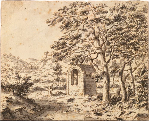 A Roadside Shrine and Cross by Valentijn Klotz, drawing, 1699
