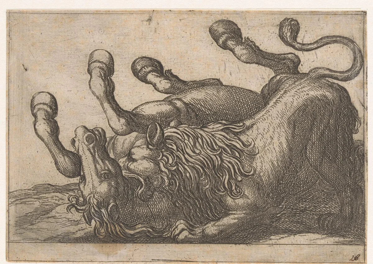 Een leeuw bijt in de nek van een paard by Antonio Tempesta, print, 1600