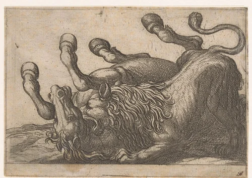 Een leeuw bijt in de nek van een paard by Antonio Tempesta, print, 1600