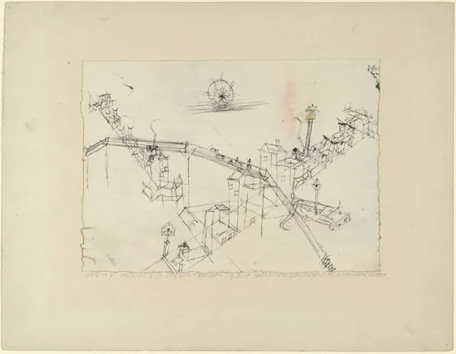 Houses Drawn by Oxen, Ox Speared by a Lantern, Overpass (Häuser von Ochsen gezogen, Ochse laternengespiesst, Strassenüberführung) by Paul Klee, drawing, 1916