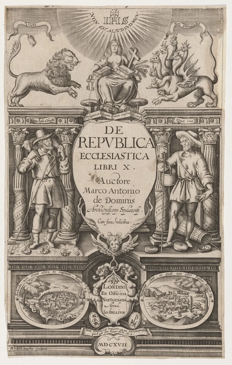 Title Page, De Republica Ecclesiatica by MarcAntonio de Dominis by Renold Elstrack, print, 1608