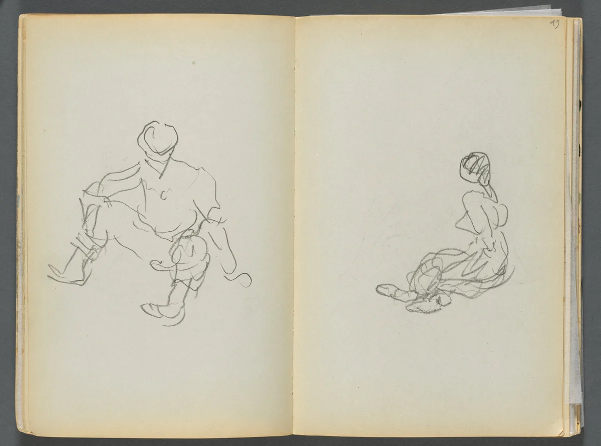Sketchbook- The Granite Shore Hotel, Rockport, page 044 & 45: Male and Female Seated Figures by Maurice Prendergast, book, 1905-1910