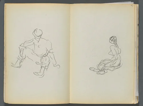 Sketchbook- The Granite Shore Hotel, Rockport, page 044 & 45: Male and Female Seated Figures by Maurice Prendergast, book, 1905-1910