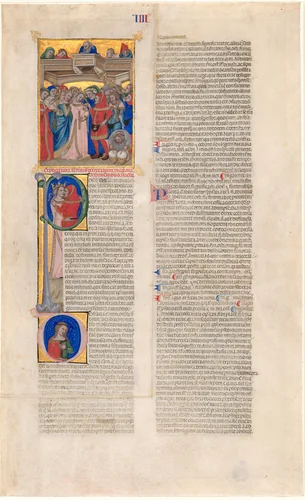 The Marriage; the Kiss of the Bride (initial P); the Bride Abandoned (initial D) by Niccolò di Giacomo da Bologna, drawing, 1350-1360