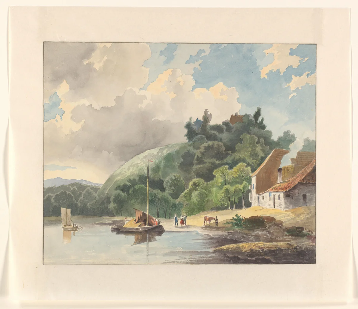 Landschap met huis aan een meer by Johannes van Reijn, drawing, 1800-1900