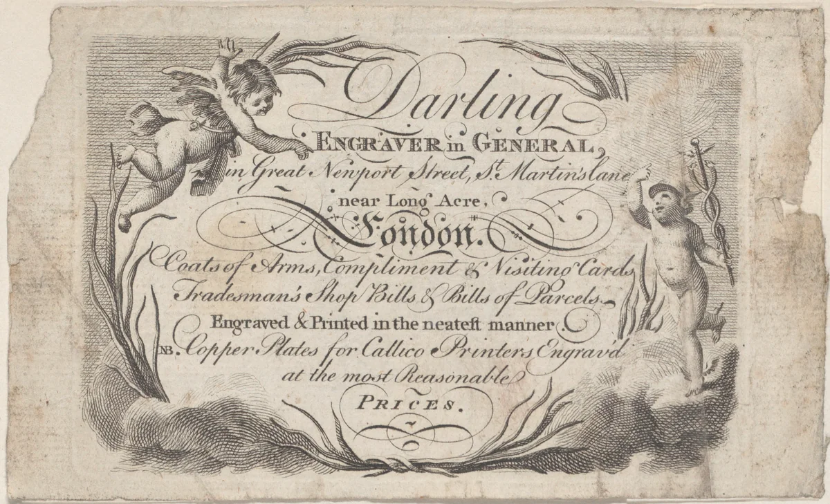 Trade Card for William Darling, Engraver by anonymous, print, 1700-1800
