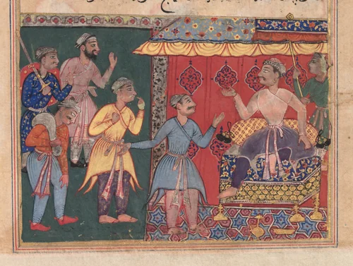 King Bhojaraja tries in vain to ascertain the whereabouts of the pearl from the four travelling companions, from a Tuti-nama (Tales of a Parrot): Twelfth Night by Unknown, painting, 1555-1565
