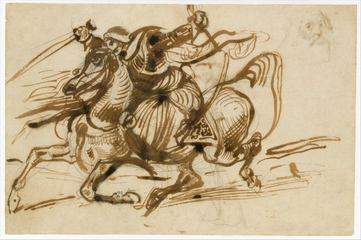 The Giaour on Horseback (recto); Study of a Woman with Head and Arms Thrown Back, and Study of the Head of an Old Man (verso) by Eugène Delacroix, drawing, 1824-1826