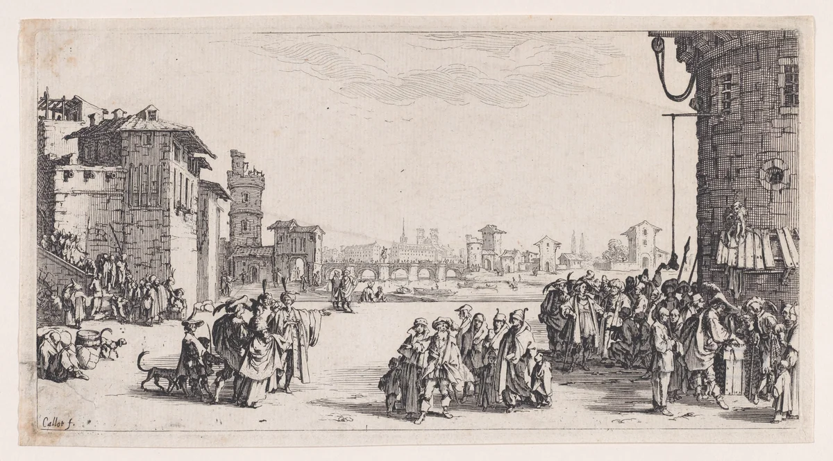Le Marché d'Esclaves, estampe appelée aussi Les Galériens, Le Petit Paris, La Petite Vue de Paris (The Slave Market, also called The Galley Slaves, The Small Paris, The Small View of Paris) by Jacques Callot, print, 1610-1635