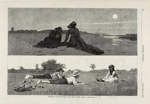 Flirting on the Sea-Shore and on the Meadow by Winslow Homer, print, 1874
