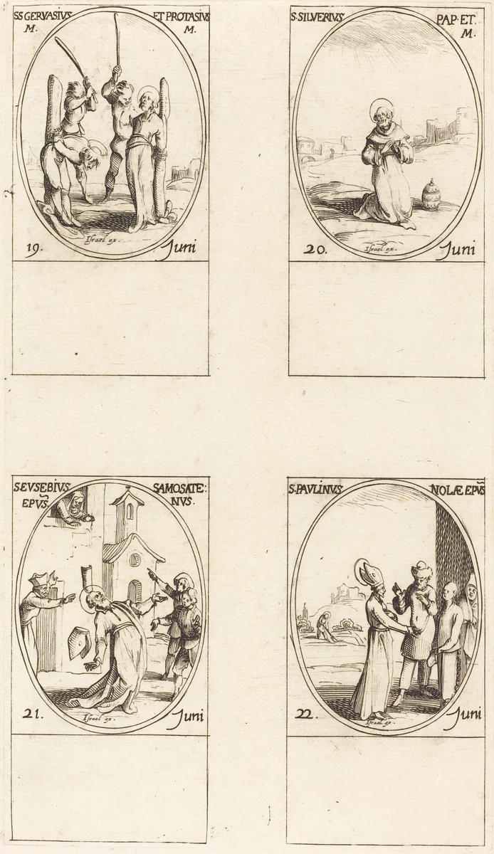 Sts. Gervase & Protase; St. Silverius; St. Eusebius of Samosata; St. Paulinus of Nola by Jacques Callot, print, 1627-1637