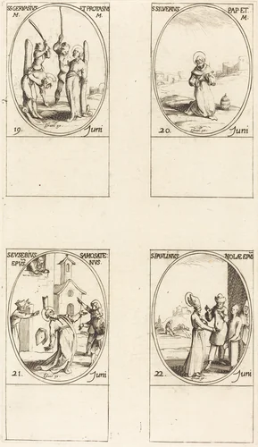 Sts. Gervase & Protase; St. Silverius; St. Eusebius of Samosata; St. Paulinus of Nola by Jacques Callot, print, 1627-1637