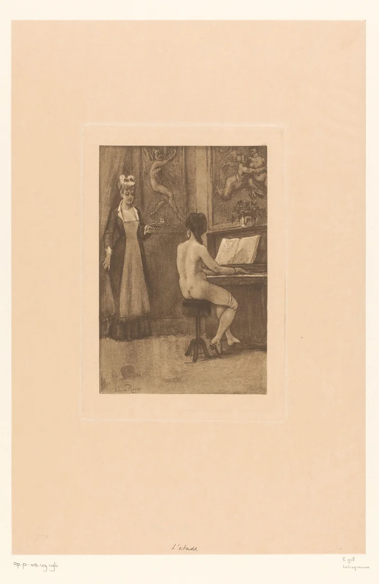 Bediende brengt drinken naar naakte jonge vrouw aan een piano by Félicien Rops, print, 1843-1898