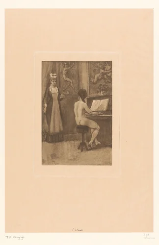 Bediende brengt drinken naar naakte jonge vrouw aan een piano by Félicien Rops, print, 1843-1898