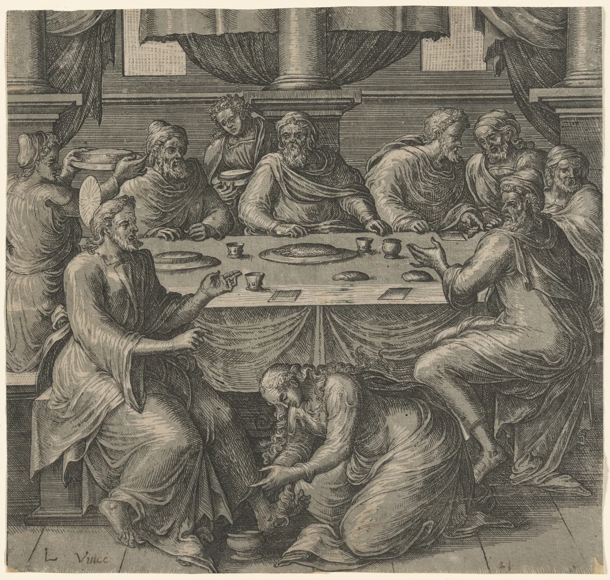 Christ at the Table of Simon the Pharisee by Frans Floris I, print, 1565-1575