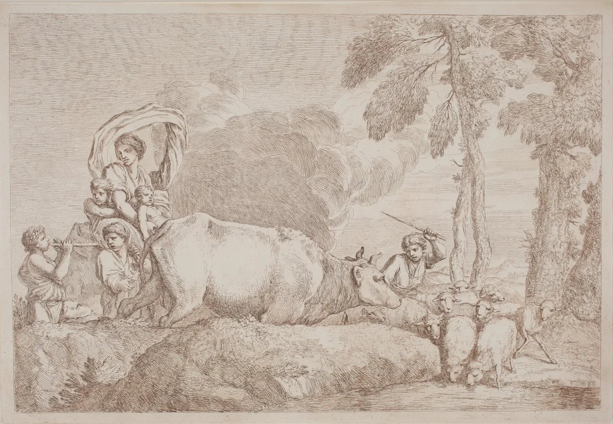 A Woman with Two Children on Horseback by Gaetano Zompini, Giovanni Benedetto Castiglione, portfolio, 1700-1778