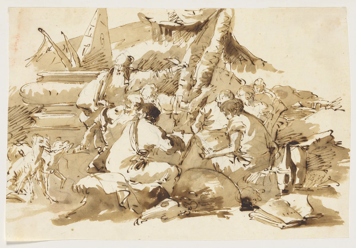 Philosophers Instructing Pupils by an Antique Sarcophagus by Lorenzo Baldiserra Tiepolo, drawing, 1736-1770
